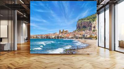 Long sandy beach and blue sea in Cefalu, Sicily, Italy Wall mural