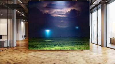 Scenic sci-fi image: UFO or alien spacecraft  inspect green grass field with bright spotlight in dark stormy night sky Wall mural