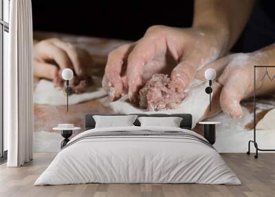 children and adults hands put minced meat in the dough, cooking meat pies Wall mural