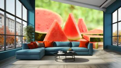 Watermelon parts or tiles without kernel by picnic in garden Wall mural