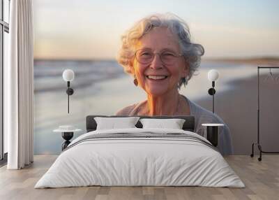 grandma smiling in the morning with beach background Wall mural