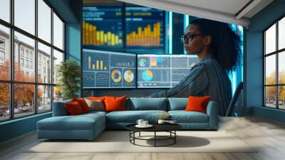 Business Analytics Data Dashboard - three computer screen on desk around woman Wall mural