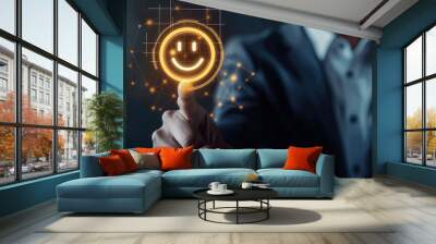 Businessman pressing smiley face emoticon on virtual touch screen. Customer service evaluation concept Wall mural