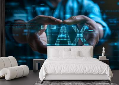 Calculation tax return taxes and VAT. Person hold hologram virtual screen text 