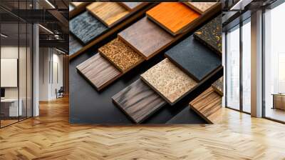 Chipboard laminate furniture material samples on black background Wall mural