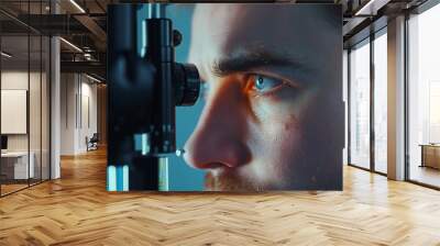 Face close-up , man doing eye test with non contact tonometer, cheking vision, intraocular pressure at optical clinic, ophthalmilogical laboratory Wall mural