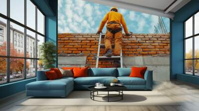 Installing brick wall. Construction worker in uniform and safety equipment have job on building Wall mural