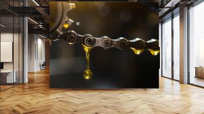 Lubricating a bicycle chain with a drop of oil close-up Wall mural