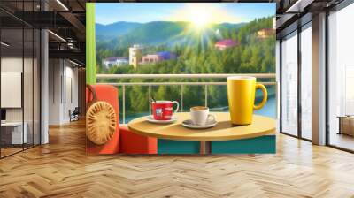 Awakening to a vibrant morning a scenic landscape with steaming coffee in golden sunlight Wall mural