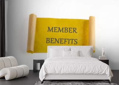 Member Benefits, e-commerce conceptual. MEMBER BENEFITS words written on paper, a mustard-colored note on a white background Wall mural