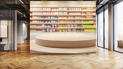 Podium for product, Wooden product display platform in a retail store aisle with shelves full of colorful products Wall mural