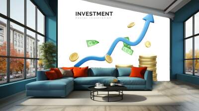 3D money coin stack and blue arrow up isolated on white background. coin stack growing business banner. Investment and money earning growth concept Wall mural