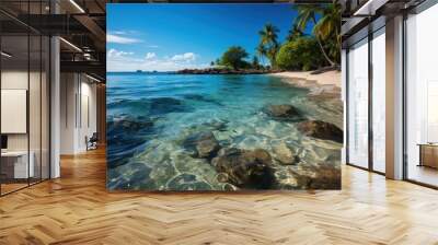 A beach featuring rocks and palm trees in the water Wall mural