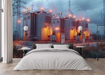 A row of transformers with glowing lights stands against a dark, cloudy sky Wall mural