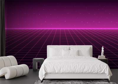 Abstract wireframe landscape 1980s style. Retro futuristic vector grid. Technology neon background. Wall mural