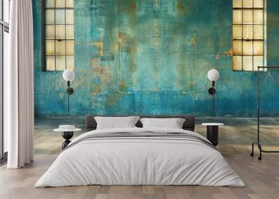 An empty industrial space with a large, weathered blue wall and two windows Wall mural