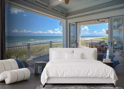 Beach house patio with furniture and a view of the ocean Wall mural