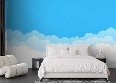 Blue sky with white clouds background. Border of clouds. Simple cartoon design. Flat style vector illustration. Wall mural