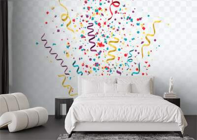 Burst of Colorful confetti and streamers. Festive template with confetti and ribbons. Vector illustration isolated on white background Wall mural