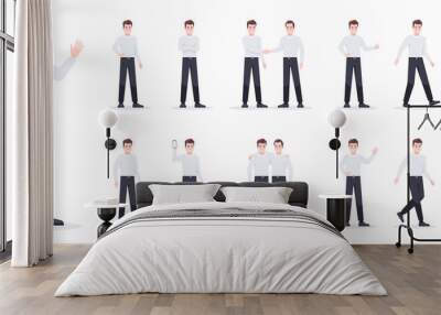 Businessman set isolated. Man in the workplace. Office worker in suit. Cartoon people in different poses and actions. Cute male character for animation. Simple design. Flat style vector illustration. Wall mural