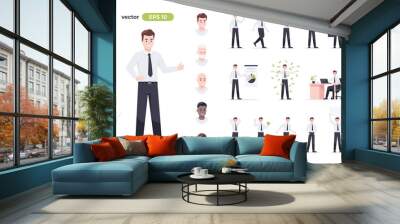 Businessman set isolated. Man in the workplace. Office worker in suit. Cartoon people in different poses and actions. Cute male character for animation. Simple design. Flat style vector illustration. Wall mural