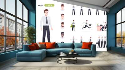 Businessman set isolated. Man in the workplace. Office worker in suit. Cartoon people in different poses and actions. Cute male character for animation. Simple design. Flat style vector illustration. Wall mural