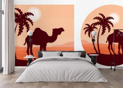 Camel in Egypt against the backdrop of desert palms and dunes. Dark silhouette of a camel on a red and orange background. Travel and tourism concept. Vector illustration. Wall mural