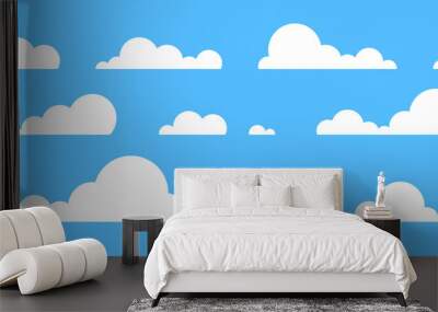 Clouds set isolated on a blue background. Simple cute cartoon design. Icon or logo collection. Realistic elements. Flat style vector illustration. Wall mural