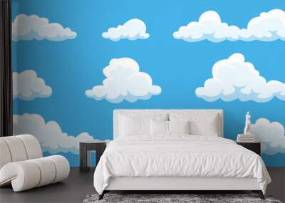 Clouds set isolated on a blue background. Simple cute cartoon design. Icon or logo collection. Realistic elements. Flat style vector illustration. Wall mural