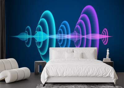 Color abstract digital sound wave. Sine wave on dark background. Radial sonar waves. Vector illustration Wall mural