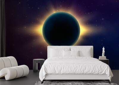 Dark abstract background with a solar eclipse. Total eclipse of the sun. Realistic vector illustration Wall mural