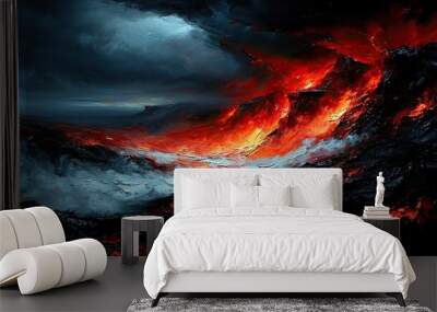 Dramatic depiction of a volcanic eruption with molten lava flows in a dark, turbulent scene Wall mural