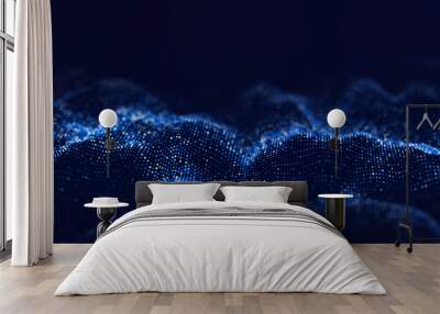 Dynamic blue wave of particles. Abstract futuristic background. Big data visualization. 3D rendering. Wall mural