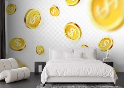 Falling golden coins isolated on transparent background. Shiny metal dollar rain. Casino jackpot win. Vector illustration Wall mural