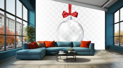 Glass transparent Christmas ball ornate by red bow and ribbon. Element of holiday decoration. Vector illustration isolated on white background Wall mural