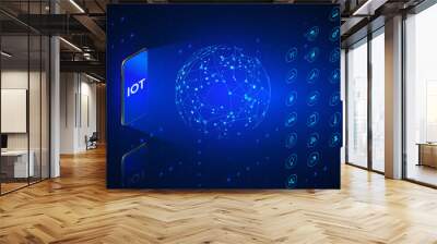 IOT. Internet of Things isometric icons set. Monitoring and control all digital systems using mobile phone. Technology background in blue colors. Vector illustration Wall mural