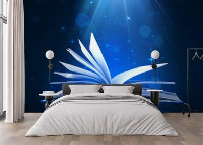 Open magic book on blue background. Fantasy light and sparkles. Vector illustration Wall mural