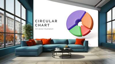 Pie chart divided into sections. 3D render of circular diagram with reflection and shadow isolated on white background Wall mural