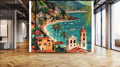 Puerto Vallarta Mexico Poster Illustration Travel Print Decor Gift Paper Canvas Wall Retro Art Wall mural