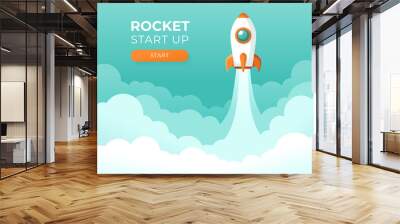 Rocket launch in the sky flying over clouds. Space ship in smoke clouds. Business concept. Start up template. Horizontal background. Simple modern cartoon design. Flat style vector illustration. Wall mural