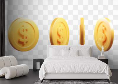 Rotating coins set. 3d coin. Vector eps10 illustration. Golden dollar 3D render. Money symbol. Simple cartoon design. Realistic light and shadows. Financial success concept. Transparent background. Wall mural