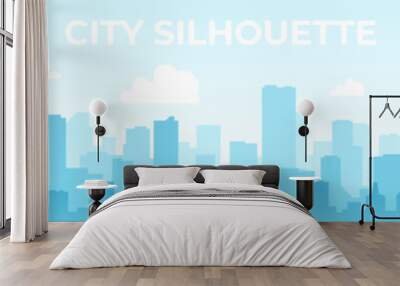 Seamless silhouette of the city. Cityscape with buildings. Simple blue background. Urban landscape. Beautiful template. Modern city with layers. Flat style vector illustration. Wall mural