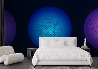 Set of geometric blue spheres with connecting dots and lines. Abstract color shapes with noise effect on blue background. Vector illustration. Wall mural