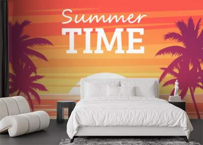 Summer tropical background. Palms silhouettes on the beach. Sunset or sunrise colors. Beautiful orange sky and nature landscape. Simple modern design. Flat style vector illustration. Wall mural