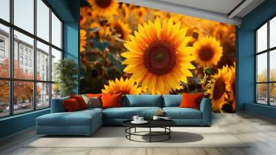 Sunflowers brightly illuminate a field as the sun sets, creating a picturesque view Wall mural