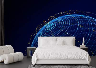 Technology blue sphere with connecting dots and lines. Digital abstract network structure. 3D rendering. Wall mural