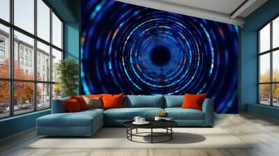 Technology wireframe circle tunnel on dark background. Futuristic 3D wormhole grid. Digital dynamic wave. 3d rendering. Wall mural