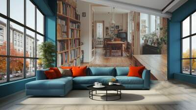 This room highlights a comfortable home with bookshelves, a dining table, and house plants Wall mural