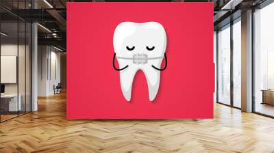 Tooth isolated on a red background. Orthodontic treatment (braces on teeth). Clean happy and smiling. Cute cartoon character. Dental health. Simple cartoon design. Flat style vector illustration. Wall mural