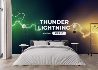 Versus banner. Lightning strikes. Confrontation template, vs battle or fight concept. Red and blue colors. Flash light thunderbolt spark. Realistic transparent neon light. Vector illustration eps10. Wall mural